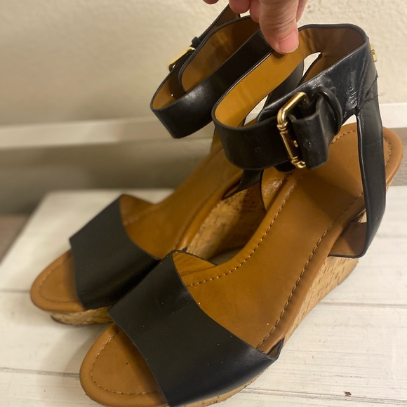 Tommy Hilfiger Navy and Tan Cork Wedge Sandals sz 9.5. - Picture 1 of 5